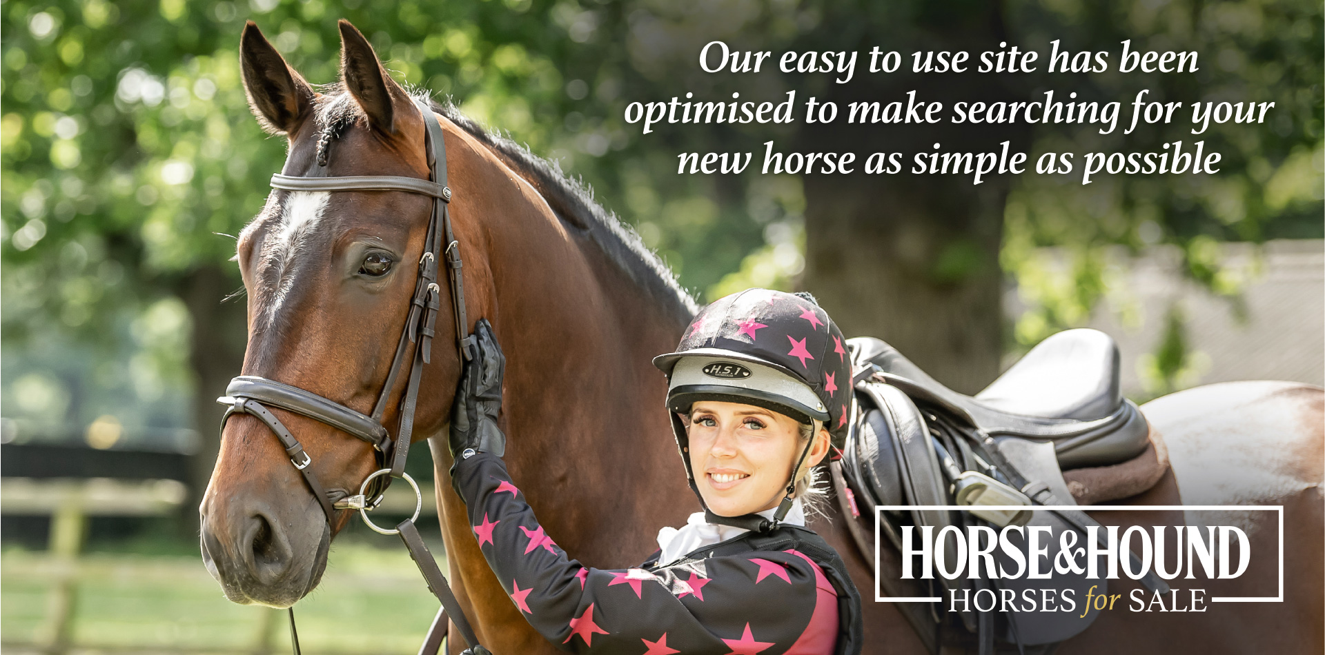 A rider with their horse, states the site has been optimised to make searching for your new horse as simple as possible